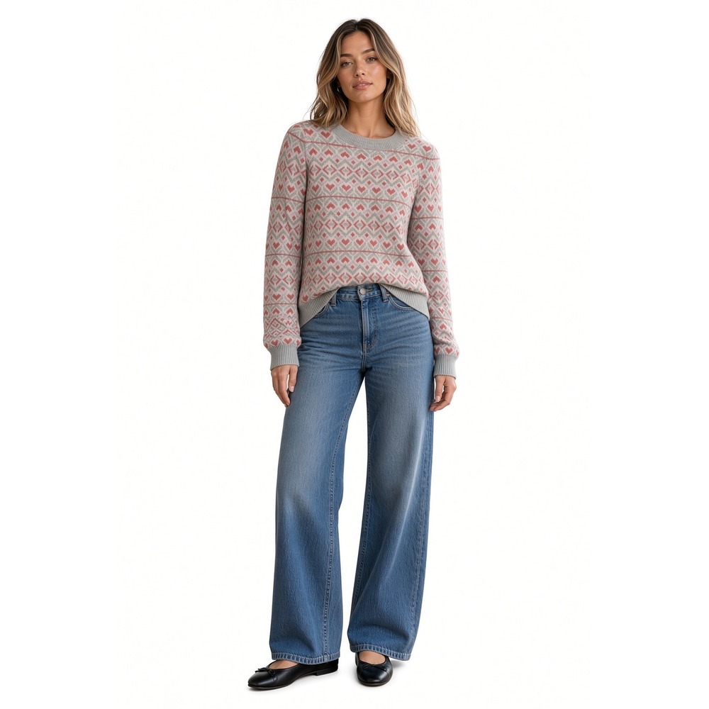 LOFT Womens XS Pink Heart Fair Isle Crew Neck Sweater Grey Long Sleeve Pullover